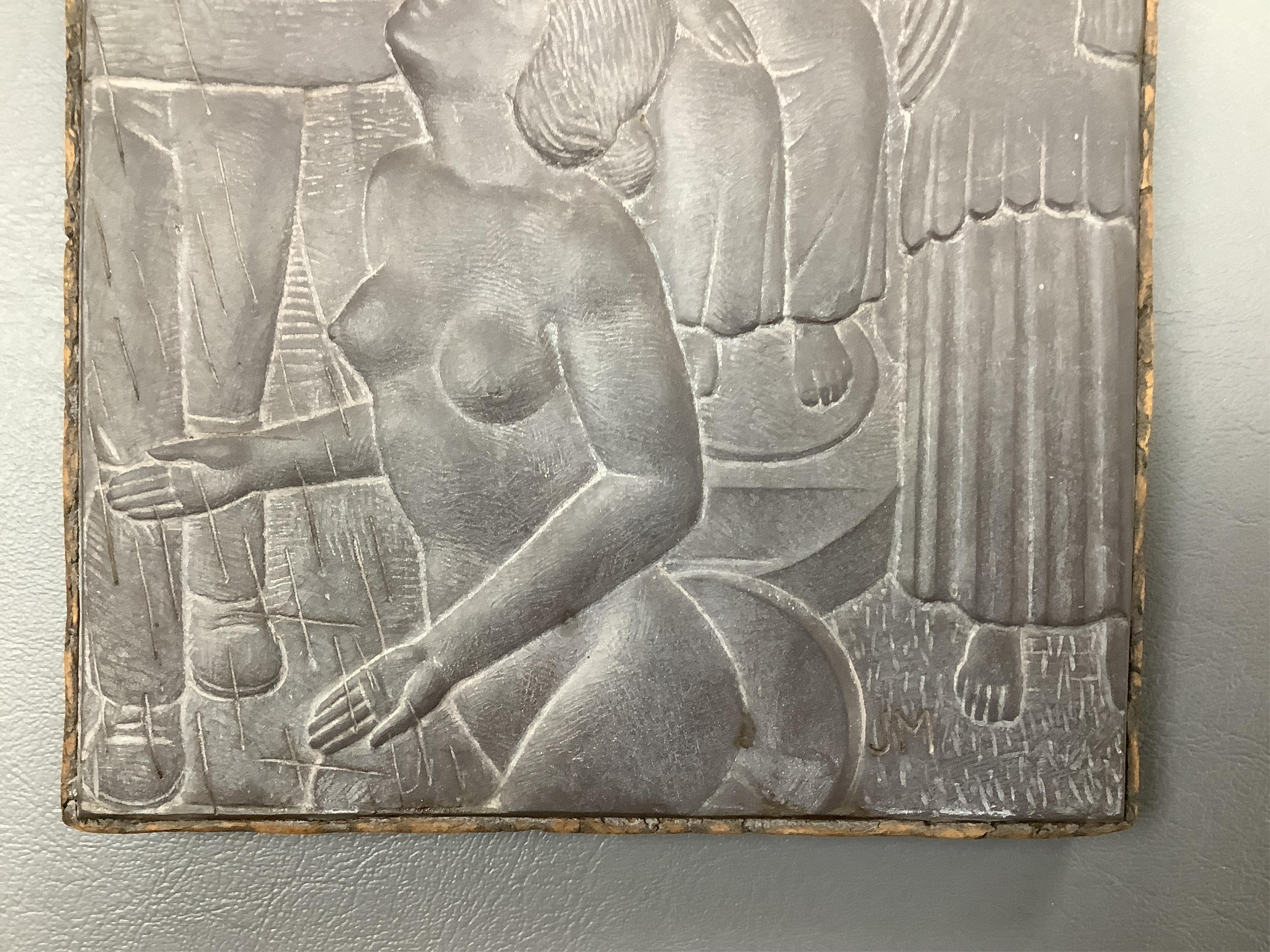 John McKenzie (1897-1972), relief carved slate plaque, ‘Seedtime and Harvest, initialled, inscribed verso, 20 x 16cm. Condition - good